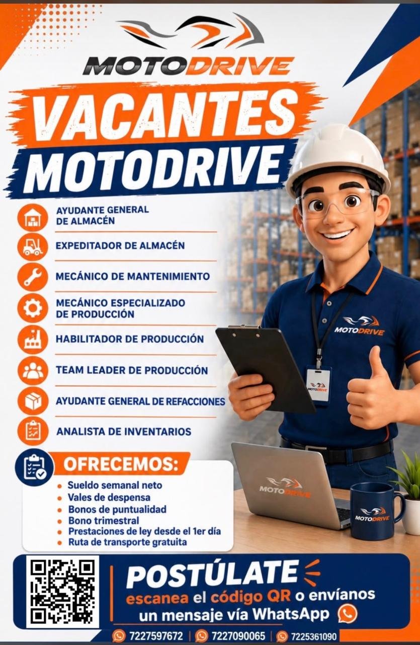 Ayudante general de almacén, Expeditador de almacén, Mecánico de mantenimiento, Mecánico especializado de producción, Habilitador de producción, Team leader de producción, Analista de inventarios y Ayudante general de refacciones.